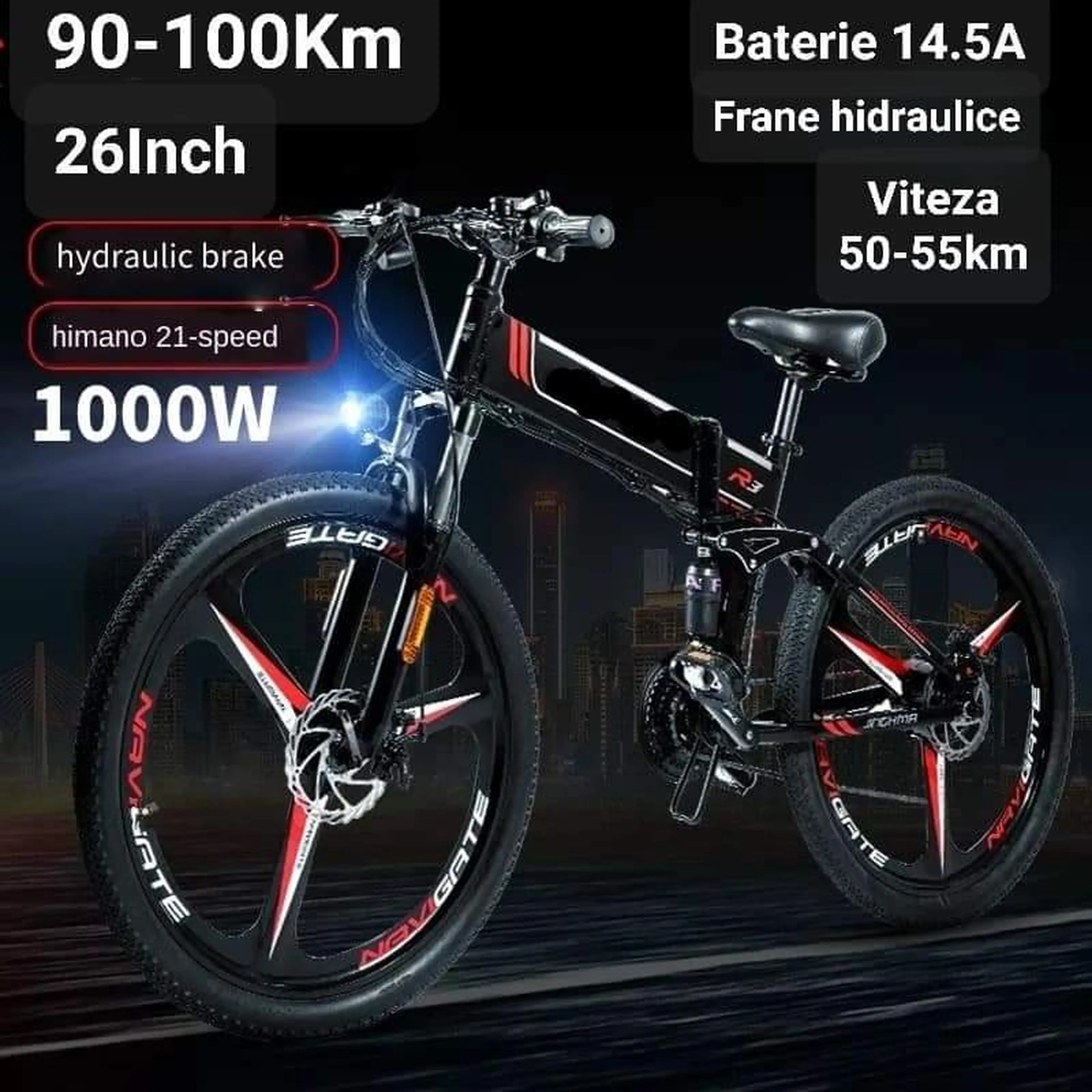 1. Bicicletă electrică 1000w Viteza 55km,26inch,Baterie 14.5A, Pliabila,Frane hidra