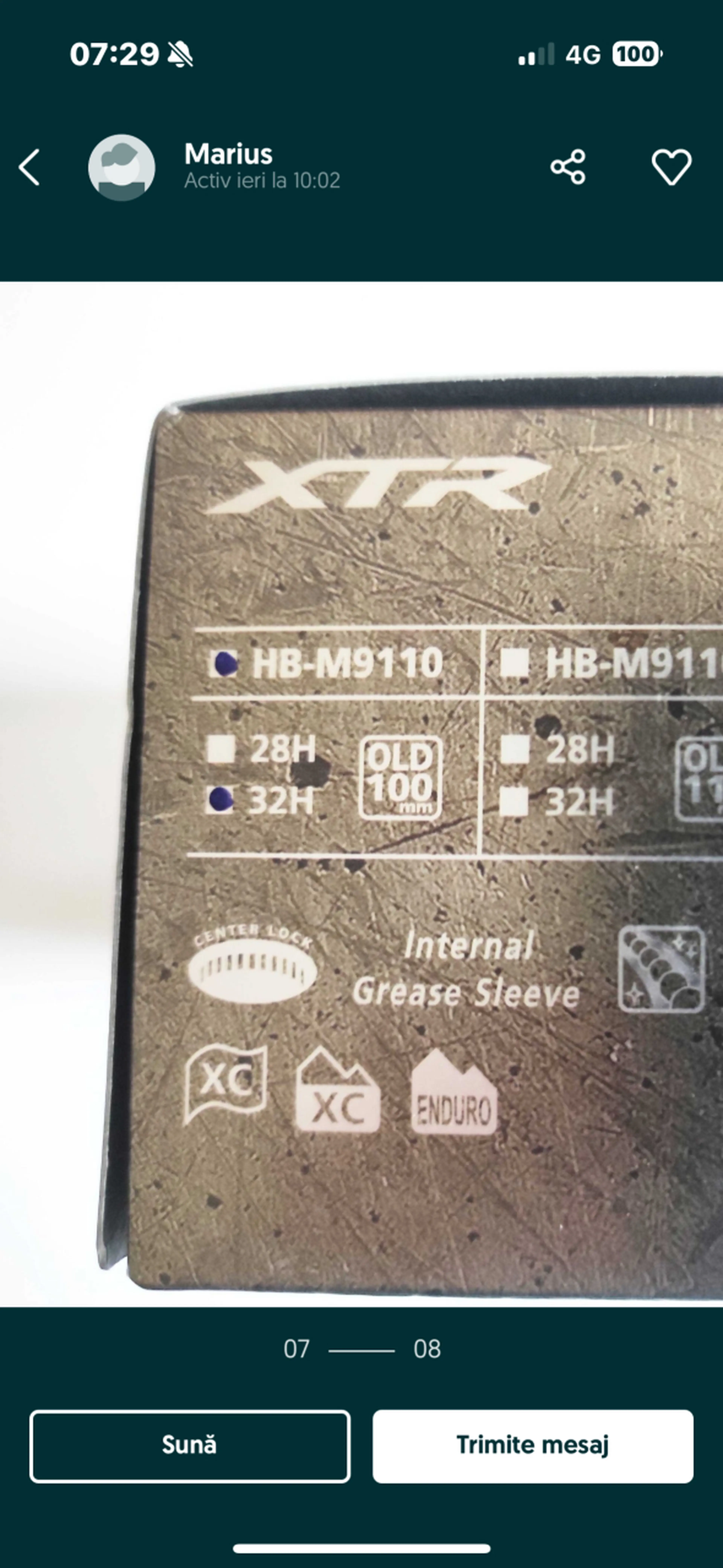 6. Butuc fata Shimano XTR HB-M9110 15x100mm, 32 gauri, disc center lock, nou