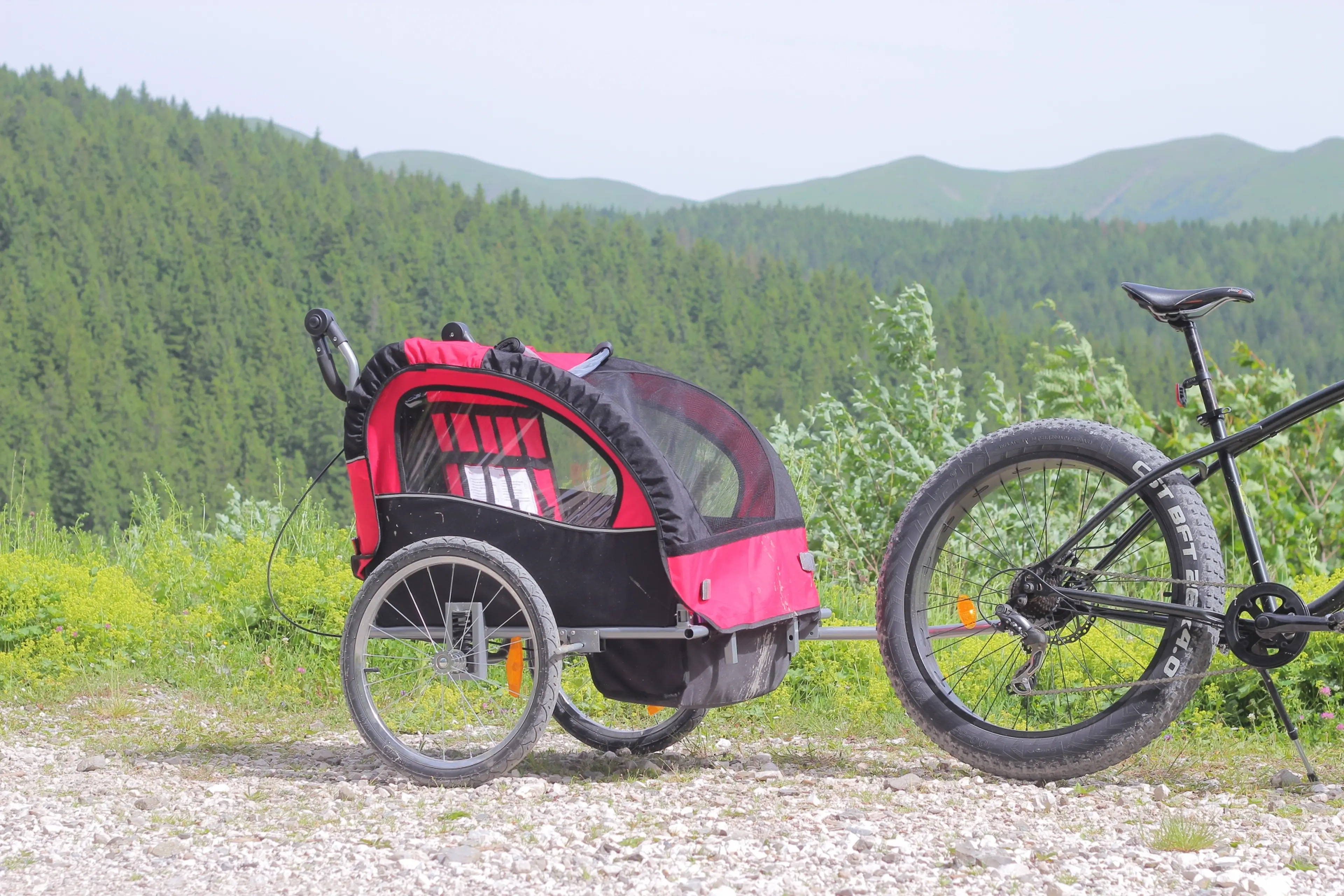 1. Carucior de bicicleta Qaba rosu-negru pentru 1 -2 copii, noua